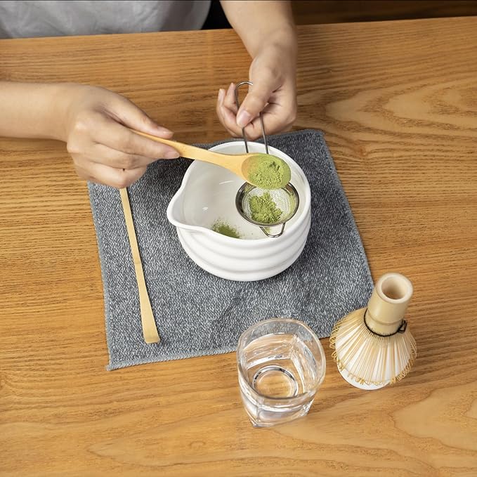 Matcha Whisk Set, 7 Pcs Matcha Kit, Premium Ceramic Matcha Set, Whisk and Bowl, Sifter, Cup Holder, Bamboo Scoop, Tea Plucking, Tea Towel, Matcha Lovers (White)