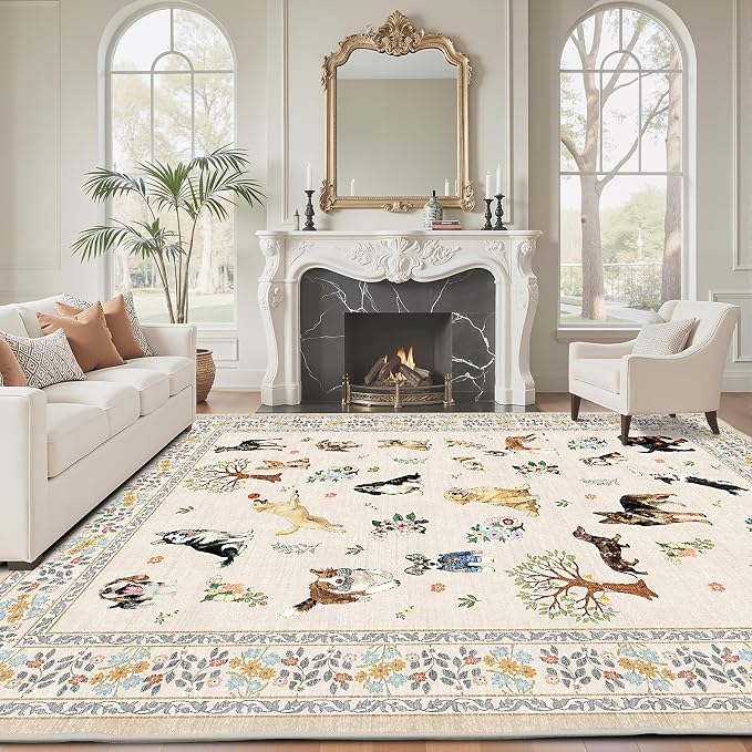 Beige Dog Area Rug 6x9 for Living Room Bedroom | Ultra-Thin; Easy Clean; Non by WelcometoBabovid