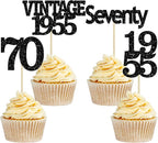 Gyufise 24Pcs Vintage 1955 Cupcake Toppers Glitter Cheers to 70 Fabulous Seventy Cupcake Picks 70th Birthday Wedding Anniversary Party Cake Decorations Supplies Black