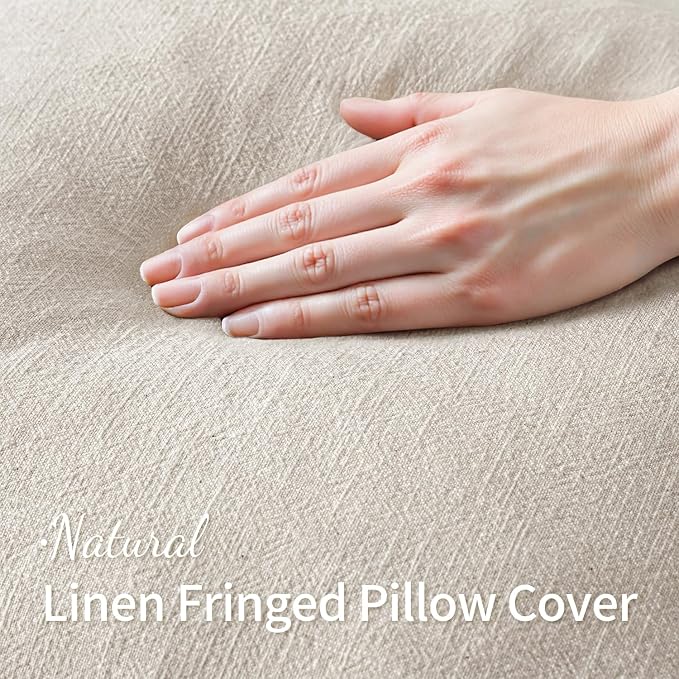 MIULEE Linen Fringe Decorative Euro Pillow Covers Natural Beige 22x22 | Set of 2 - Image 2