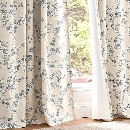 Blackout Vintage Floral Linen Curtains Blue on Beige 50×96 2 Panels | Elisa - Image 9