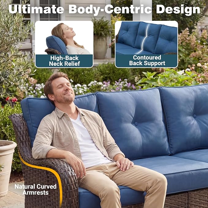 Patio Furniture Set, High Back Rattan Sofa & Swivel Rocker Chairs, Weather - Image 4