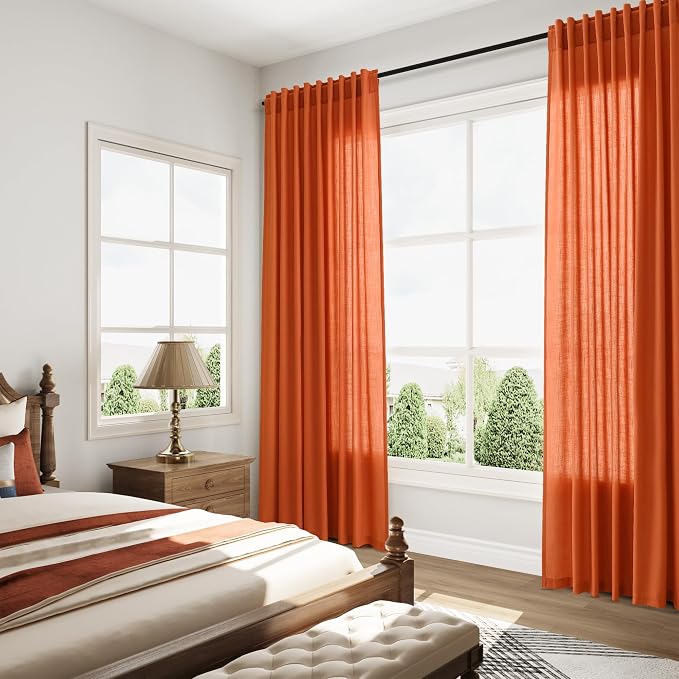 Bright Orange Linen Blend Light Filtering Back Tab Curtains 96 Inches Long - Image 8