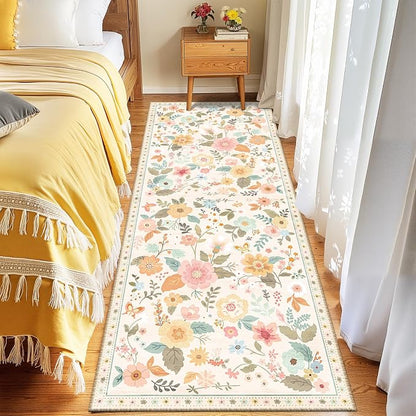 Floral Washable 2x8 Area Rugs Runner Entryway Hallway Beige/White/Orange | - Image 6