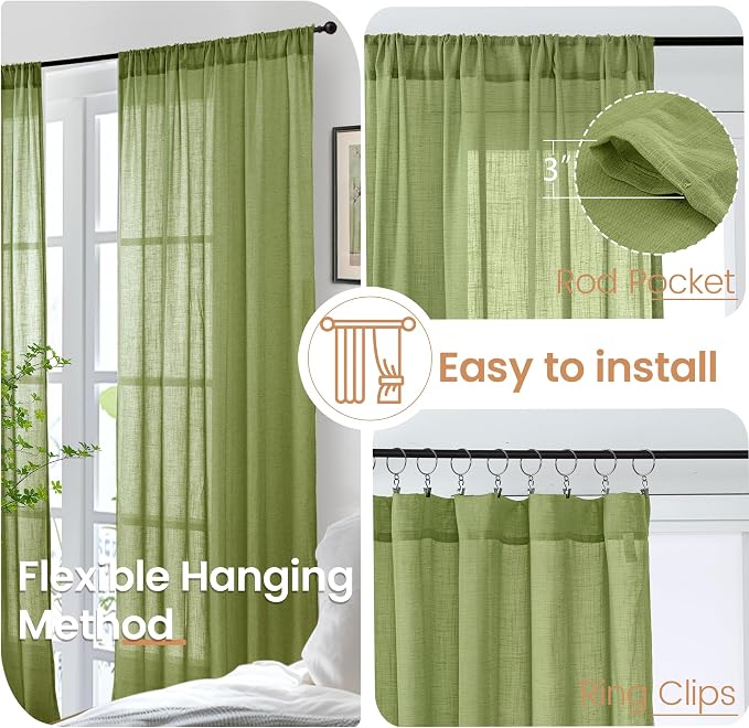 BGment 45 Inch Length Green Linen Curtains - Image 6