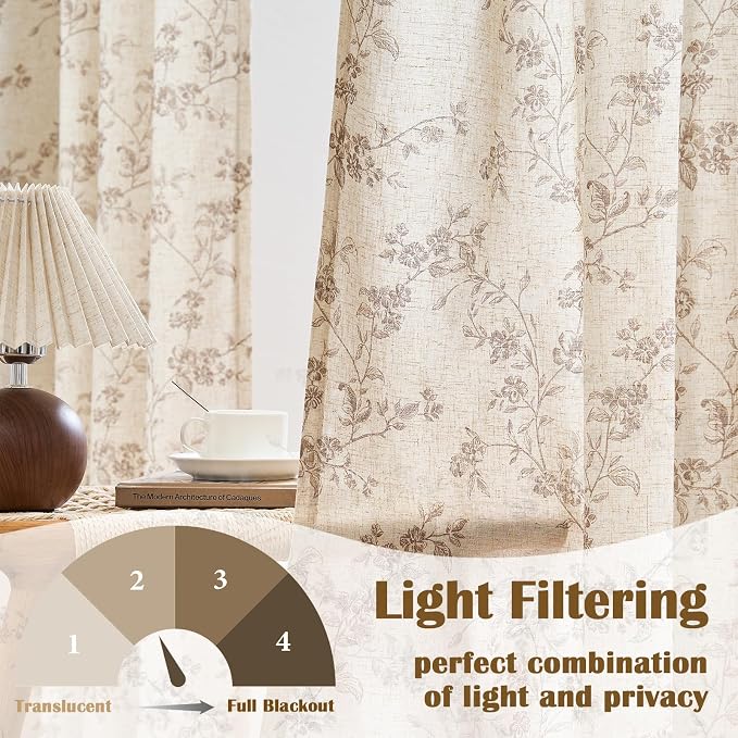 Taupe Vintage Floral Linen Curtains Farmhouse 50W X 63L 2 Panels | Elisa Series - Image 3