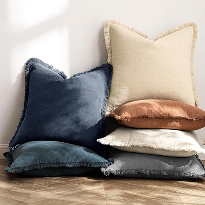 MIULEE Linen Fringe Decorative Euro Throw Pillow Covers Indigo Blue 26x26 | Set - Image 5