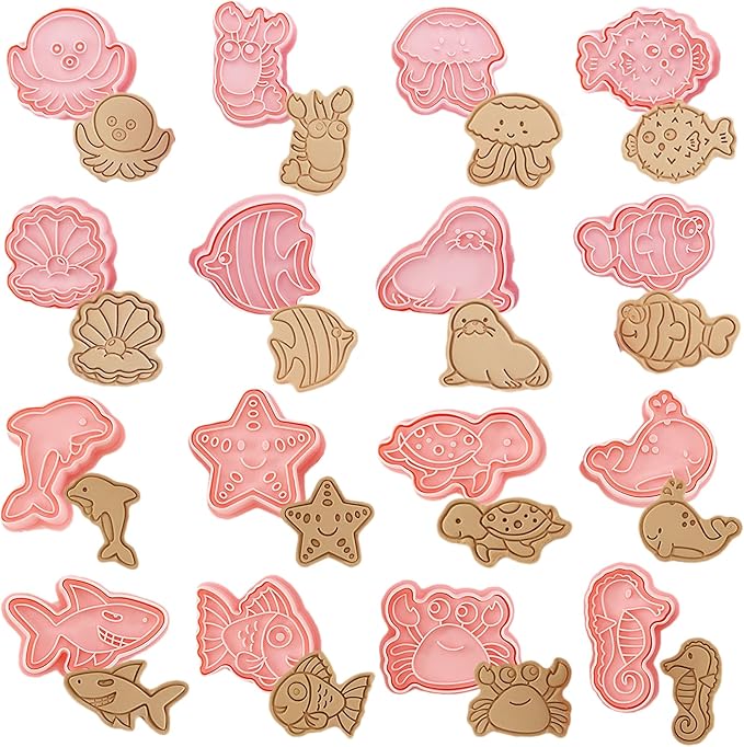 16Pcs Ocean Animal Cookie Cutters with Plunger Stamps Set, Fish, Dolphin, Starfish Plastic Biscuit Cutters, Sea Themed DIY Embossing Cutter for Biscuit Cookie Fondant Cheese Baking (F16)