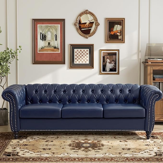 Mid-Century 3 Seater Sofa, Faux Leather Couch - Image 3