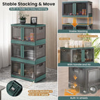 19Gal Collapsible Storage Bins with Lids & Wheels - 3 Pack Stackable with Doors, Heavy-Duty Plastic Containers for Home/Office, Green