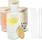 4 Pcs 11oz Drinking Glasses Cups Set with Bamboo Lids Straws Brush Small Embossed Glassware Set for Juice Iced Coffee Cocktail Whiskey(Begonia*4)