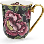 Spode Creatures of Curiosity 12oz Fine China Mug, Black Floral Pattern - Porcelain Tea & Coffee Cup with 22ct Gold Handle and Rim - Elegant Vintage Inspired Drinkware, Boxed for Gifting