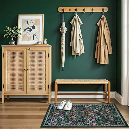 PLHXFR 2x3 Small Entryway Rug: Floral Washable Indoor Carpet Dark Green | - Image 5