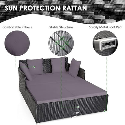 COSTWAY Outdoor Patio Rattan Daybed, Sponge Cushioned Loveseat Sofa - Image 9