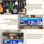 74" Tall 63" Wide Larg Bar Cabinet w/ Outlet,6000-color LED Light,Pegboard,Farmhouse Hutch Bar Cabinet w/Barn Door,2 Big Drawers,Adjustable Shelves,10 Wine & Glasses Rack,5 Hook for Kitchen,OAK