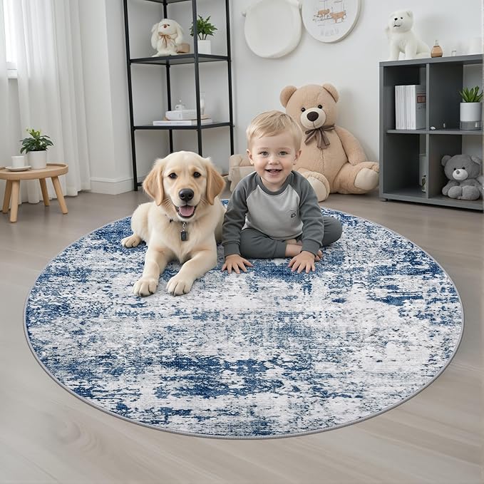Round Area Rug Living Room: 5 ft Modern Washable Carpet Blue | - Image 2