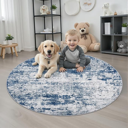 Round Area Rug Living Room: 4 ft Modern Washable Carpet Blue | - Image 2