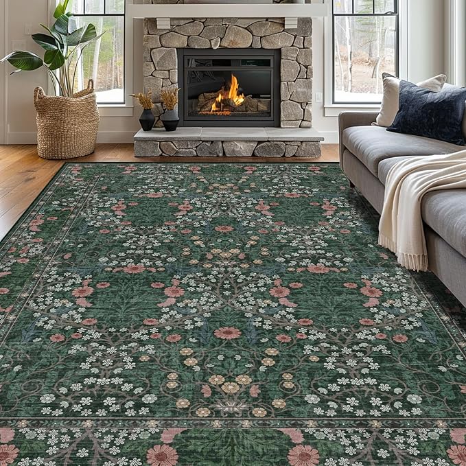 Vintage Green Living Room Rug, 9x12 Washable Area Rugs - Image 3