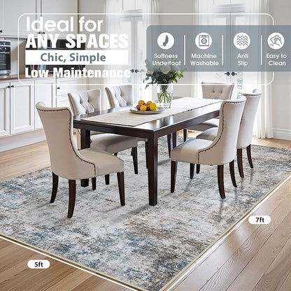5x7 Area Rugs for Living Room Washable Bedroom Dining Room Brown Blue | Modern - Image 2