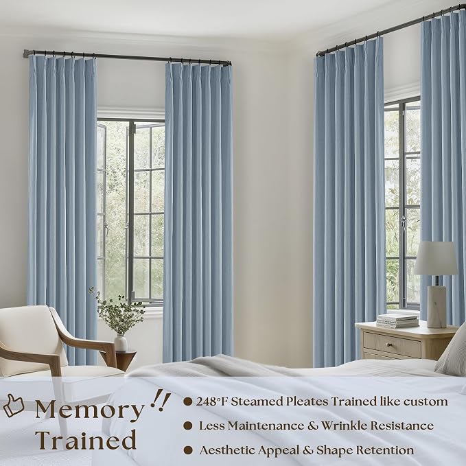 Light Blue Pleated Linen Blackout Curtains 90 Inches Long 2 Panels W40xL90 | - Image 6