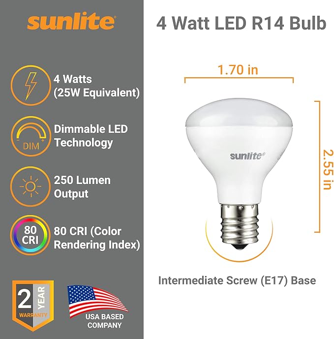 Sunlite LED R14 Mini Flood Light Bulbs, 4 Watts, 250 Lumens, Intermediate Base - Image 2