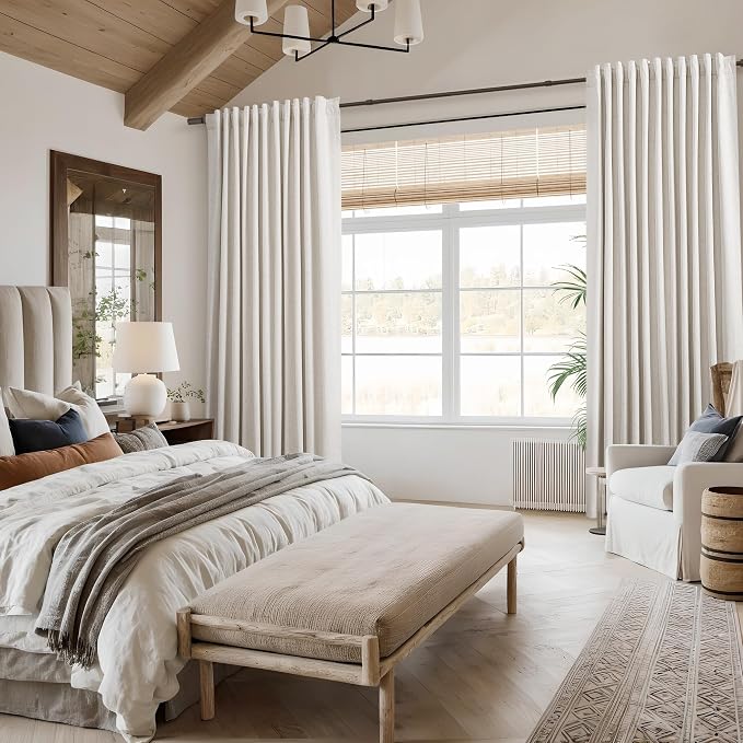 Beige White 100% Blackout Linen Curtains 126 Inch Length 2 Panels Set - Image 5