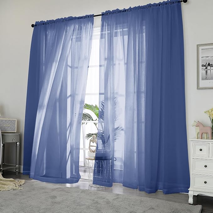 Chyhomenyc Royal Blue Sheer Curtains 84 Inches Long, 2 Panels | Light Filtering by Chyhomenyc