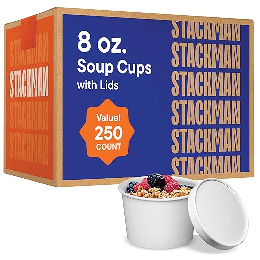 Stack Man Paper Food Container with Lid, Insulated Food Cups with Vented Lids - Hot or Cold To Go Soup Cup, for Soups, Ice Cream and Yogurt - Eco-Friendly - White