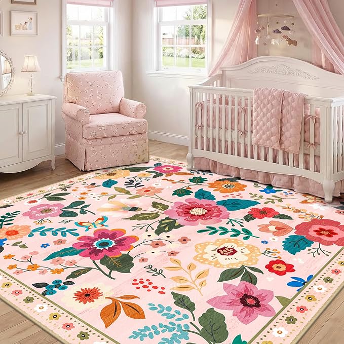 RELEANY Floral Washable Square 8ft Area Rug Pink | Flower Carpet Print Boho - Image 2