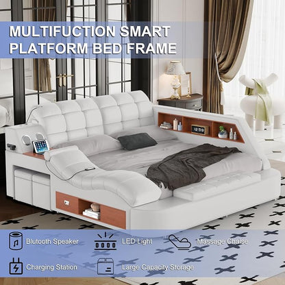 Luxury Smart King Bed Frame, Leather Headboard/Strong Wooden Slats - Image 3