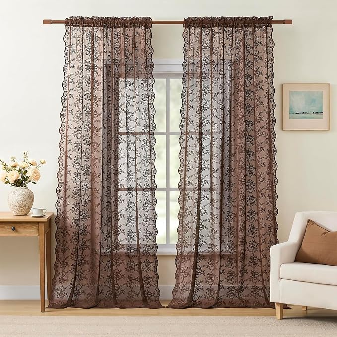 YJ YANJUN Vintage Lace Curtains 108 Inches Long-Victorian Floral Pattern Brown by YJYANJUN