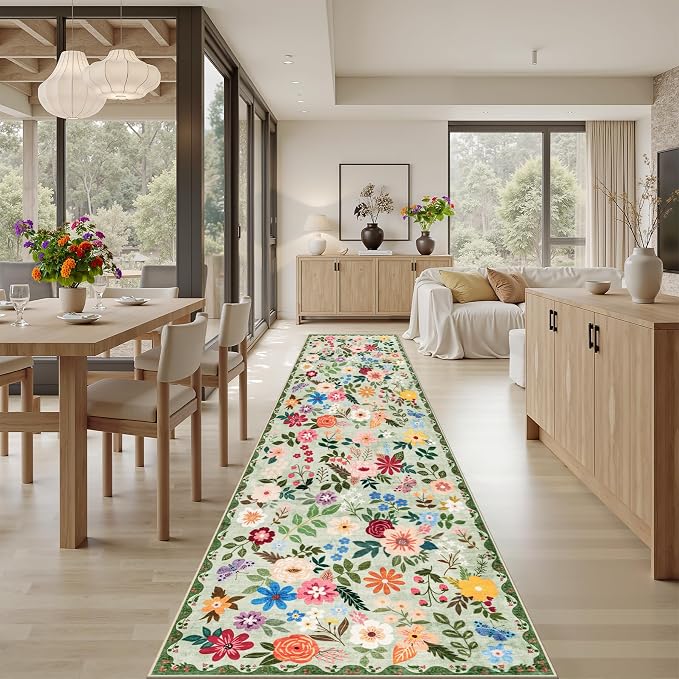 PLHXFR 2.6x14 Washable Runner Rug：Floral Indoor Kitchen Soft Carpet Green | - Image 4