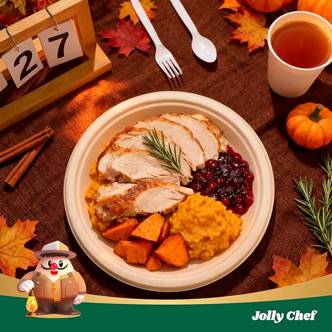 JOLLY CHEF Compostable Heavy Duty Plates 𝟭𝟬 𝗜𝗻𝗰𝗵 [𝟭𝟮𝟱 𝗣𝗮𝗰𝗸] Eco-Friendly Disposable Paper Plates Made of Bagasse Biodegradable Bulk for Party Dinner Sugarcane Thanksgiving Day (Natural)