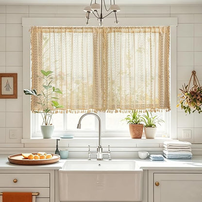 Sutuo Home Beige Boho Lace Short Kitchen Curtains 36 inches Long - Image 2