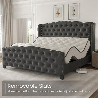 LARMACE Queen Size Bed Frame Velvet Upholstered Platform Bed - Image 9