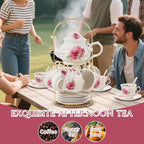 20-Pieces Tea Set For Adult with Golden Metal Rack,Porcelain Tea Sets For Women,Tea Gift Sets for Home&Party(015)