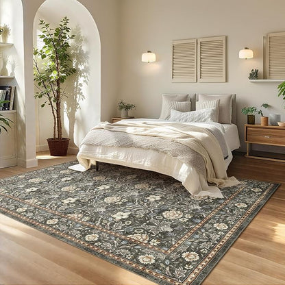 GarveeHome Washable Area Rug 5x7, Retro Floral Low Pile Non Slip Living Room - Image 3