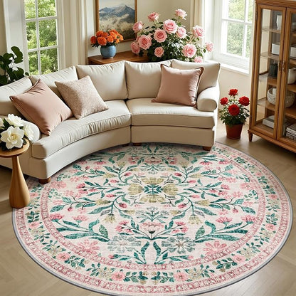 PLHXFR Round Area Rug Living Room: 8 ft Floral Washable Carpet Pink Green | by PLHXFRSoftAreaRugs