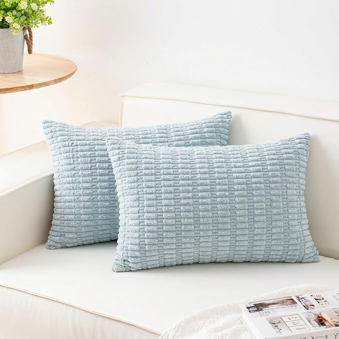 Pack of 2 Corduroy Decorative Throw Pillow Covers 12x24 Inch, Sky Blue | Fall by Unknown