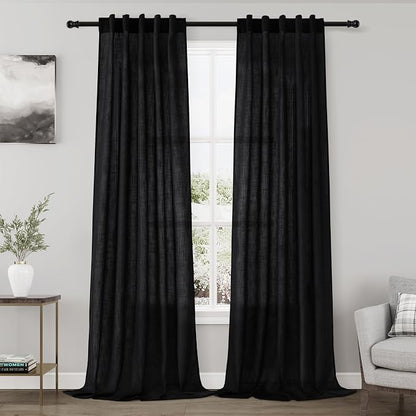 Black Semi Sheer Linen Curtains 84 inch Length by Nanspring