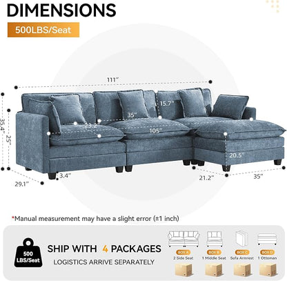 111'' Sectional Cloud Deep Seat Couch, Modern Comfy Chenille L Shaped Sectional - Image 2