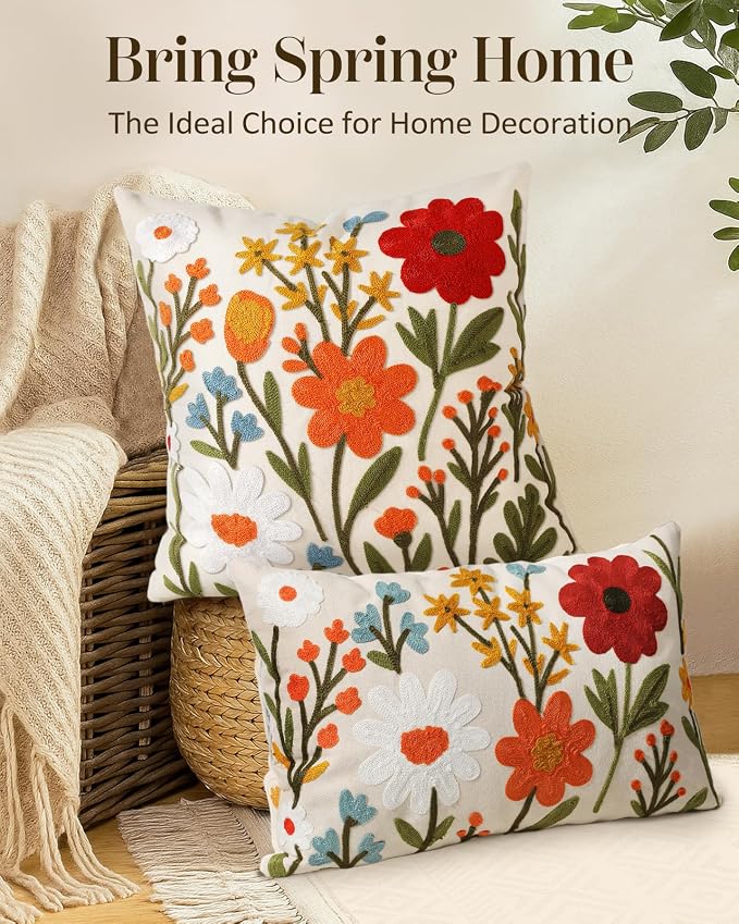 Embroidered Lumbar Pillow Cover 20x12 Inch, Flower Cluster | Decorative Throw - Image 5