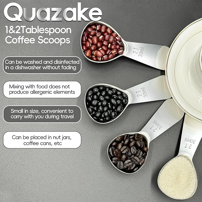 Coffee Scoop set,1&2Tablespoon Measuring spoon (2pieces) Ergonomic sdesign stainless steel manufacture,Coffee Scoop for Ground Coffee, Fits inside Airscape Canisters. (1TBSP&2TBSP(15ML&30ML))