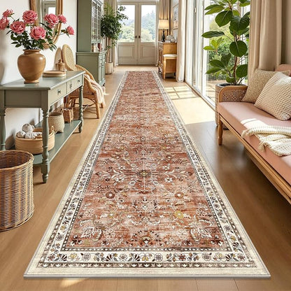 Yamaziot 2x12 Washable Hallway Runner Rug Non Slip Floral Carpet, Brick-red | by Yamaziot