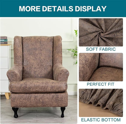 KRFOONN Wing Chair Slipcovers 2 Piece Stretch Leather Look Wingback Chair - Image 4