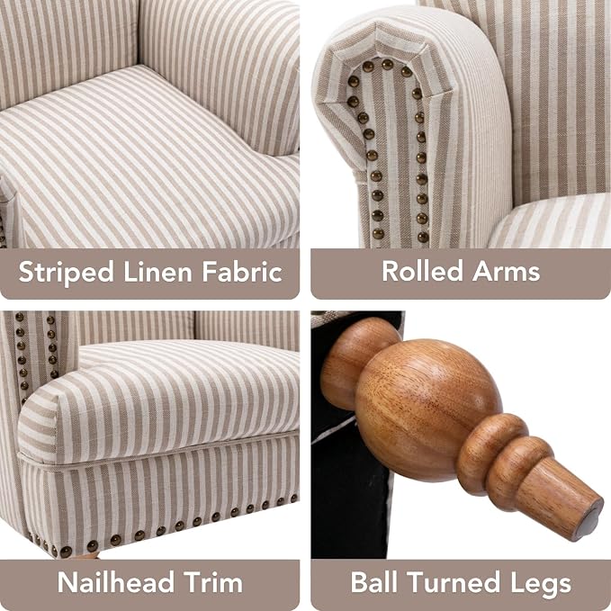 Khaki Striped Linen Fabric Accent Chairs Set of 2, Modern Farmhouse Upholstered - Image 3