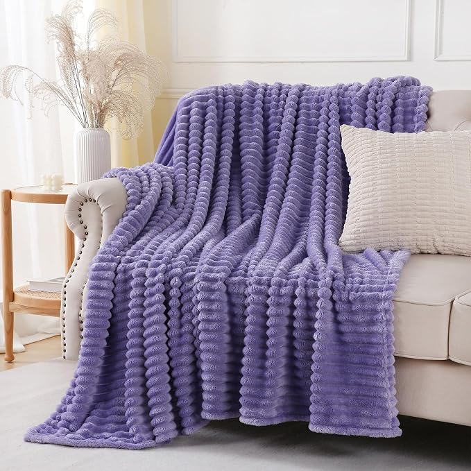 Lavender Throw Blanket for Couch Sofa 108x90 inches Striped Design | Fleece - Image 5