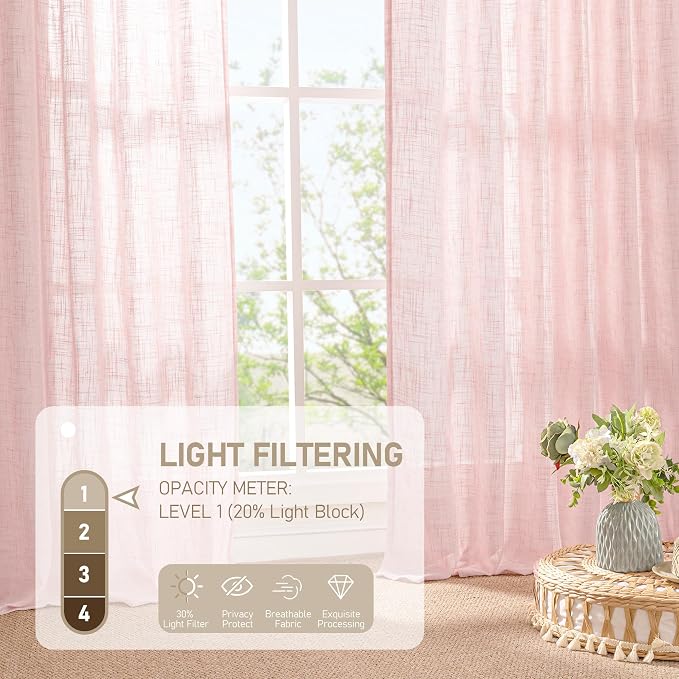 54 Inch Semi Sheer Window Linen Curtains, Light Filtering Panels | Faux Linen - Image 4