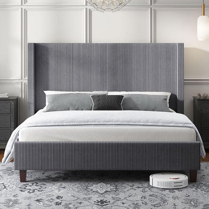HOWE King Size Bed Frame with 50.8" Tall Wingback Headboard, Modern Corduroy - Image 3