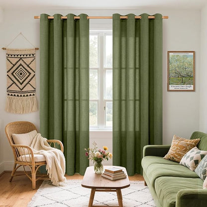YoungsTex Olive Green Linen Semi Sheer Curtains 80 Inch Length 2 Panels | Light - Image 2